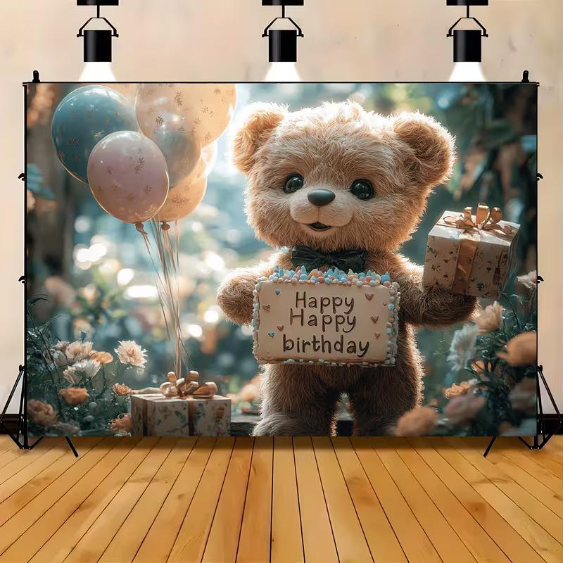 2D Flat Print Teddy Bear Birthday Photography Backdrop for Baby Shower & Kids Party