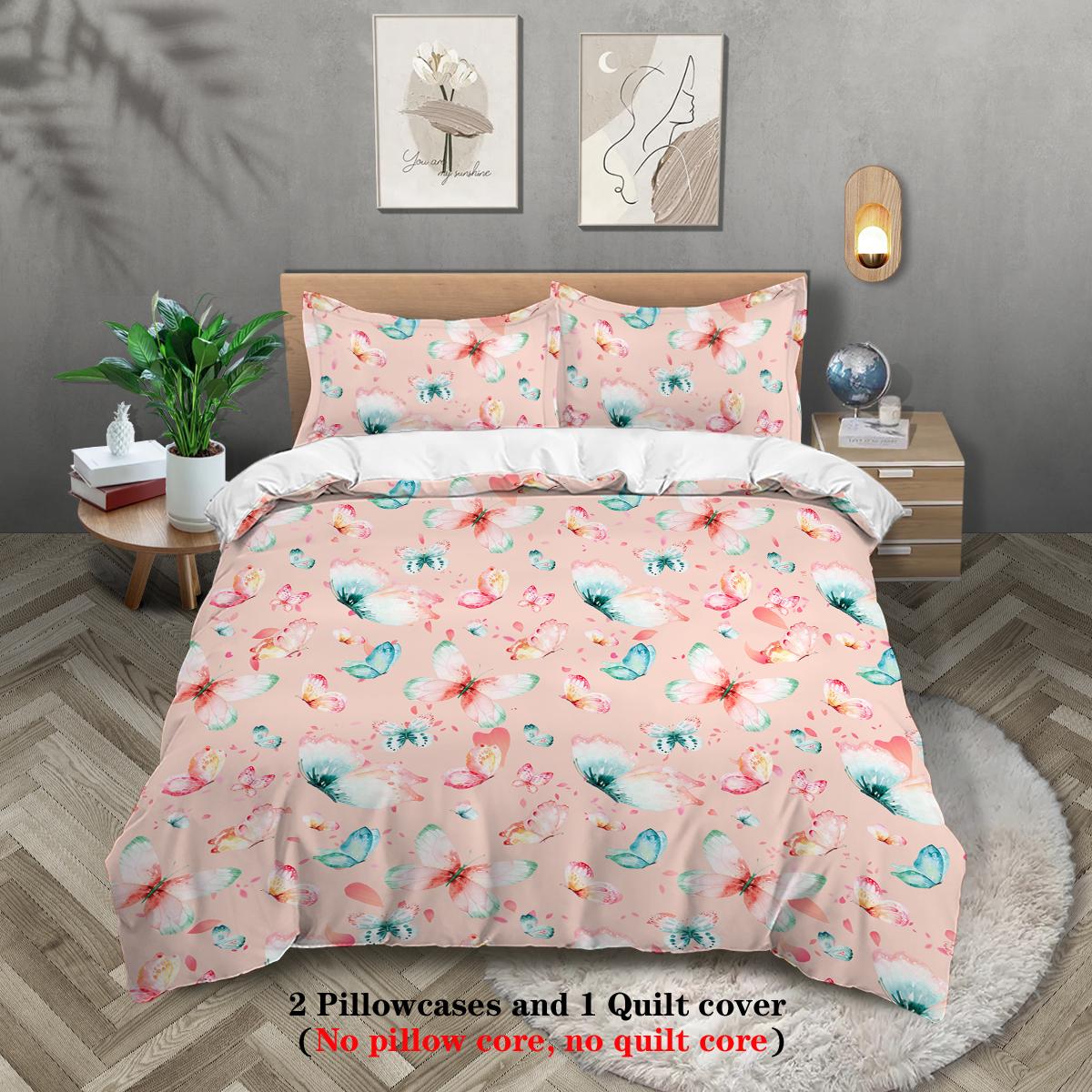 

3-piece set, watercolor butterfly pattern printed bedding set, queen, king, double bed, for bedroom, guestroom, hotel 135x200cm-EU-Single