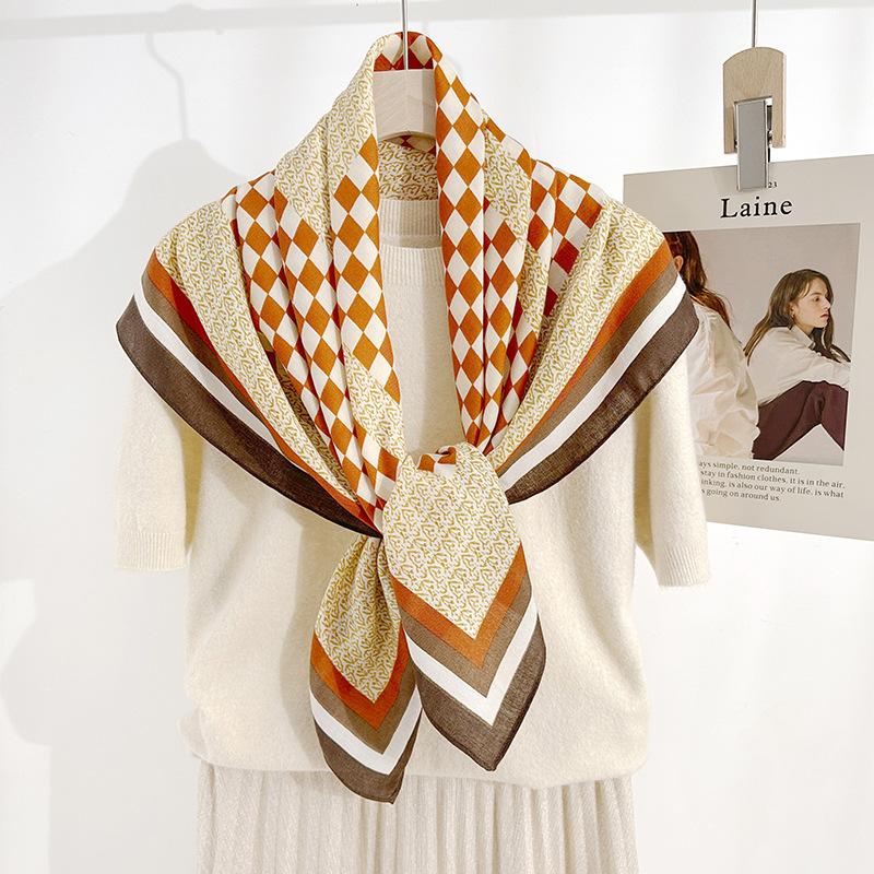 Korean Women's High-end Personalized Geometric Square Prints  Herringbone Square Scarf Design Niche Color Block Scarf