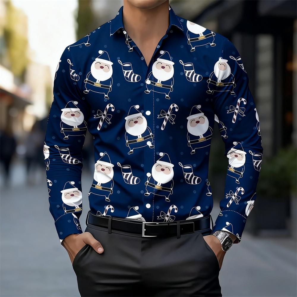 Weihnachten Langarmhemd Kragen Herren Button-Up Hemd Herbst Weihnachten Schneemann 3D-Druck Langarm Herren Feiertagsparty Oberteile