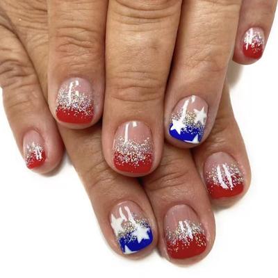 Independence Day Themed False Nail Set 24pcs Short French Style with Sparkling Nail Art Suitable for Festivals and Event