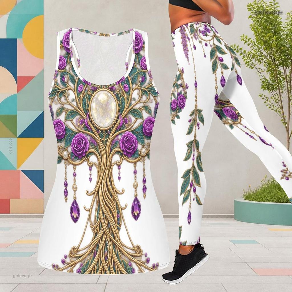 Women Plus Size Two Piece Set Scoop Neck Sleeveless Printed Tank Top And Fitted Leggings
