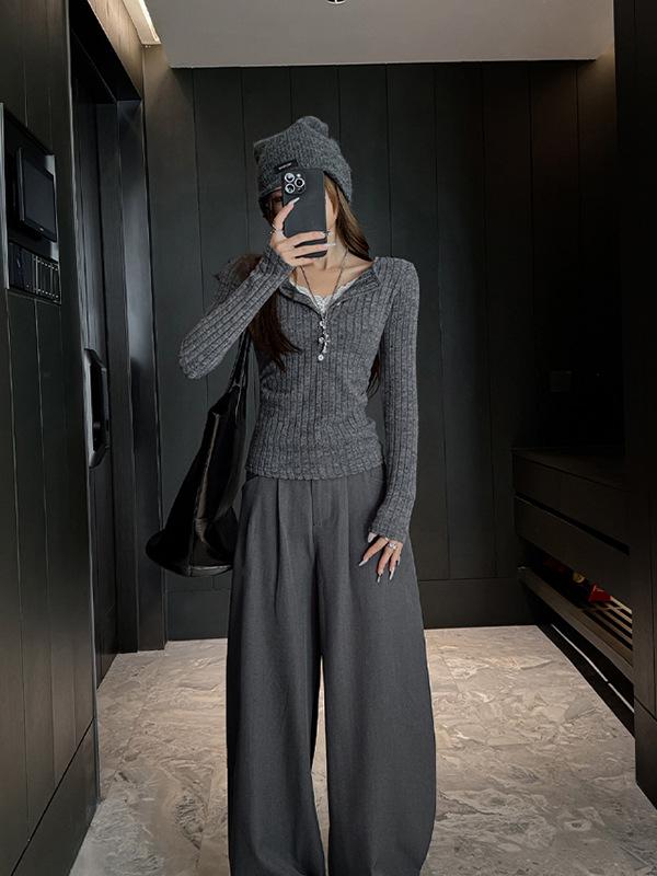 Damhöst-Vinter V-ringad Spetslagerstickad Topp - Smal Passform, Långärmad, Koreansk Stil