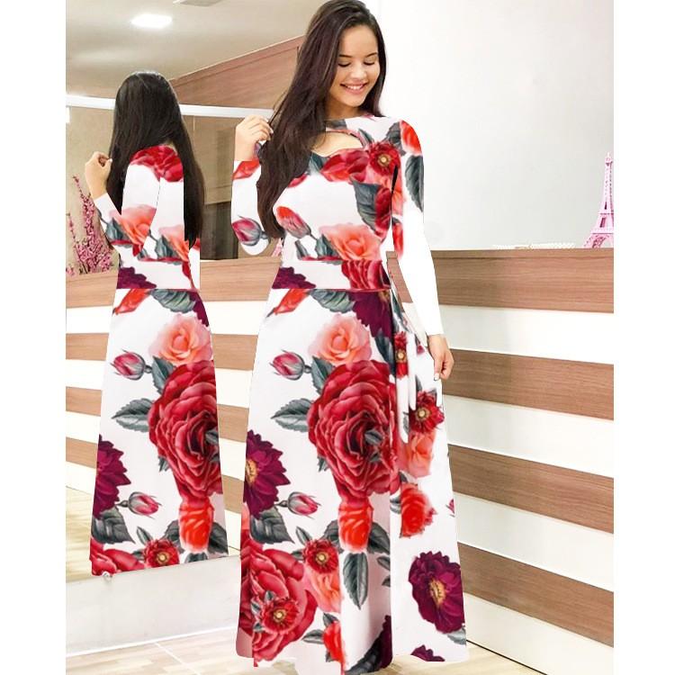 Women's Fashion Casual Bohemian Print Long-sleeved Pocket Dress Long Skirt
