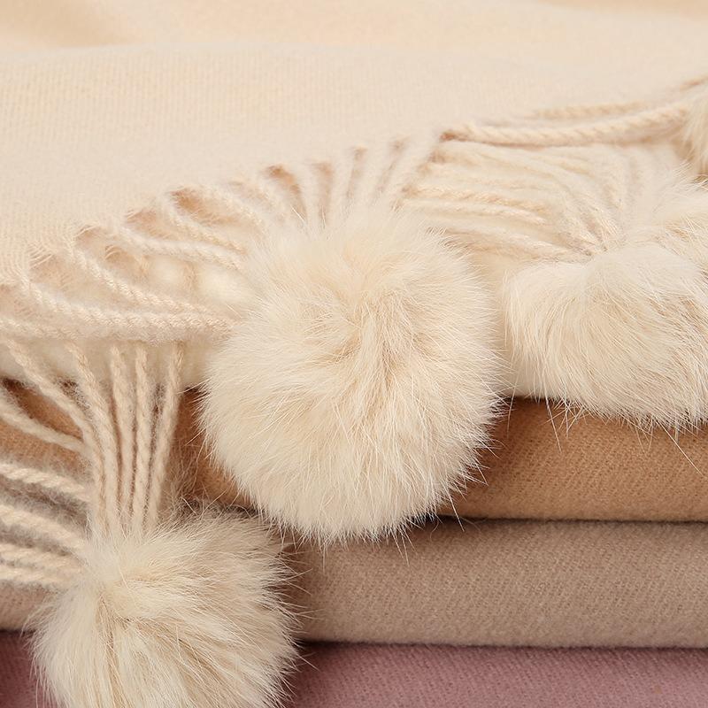 Hot-selling New Solid-color Hairball Imitation Cashmere Scarf In Autumn and Winter, Versatile Fashionable Velvet Thickened Fringed Warm Scarf