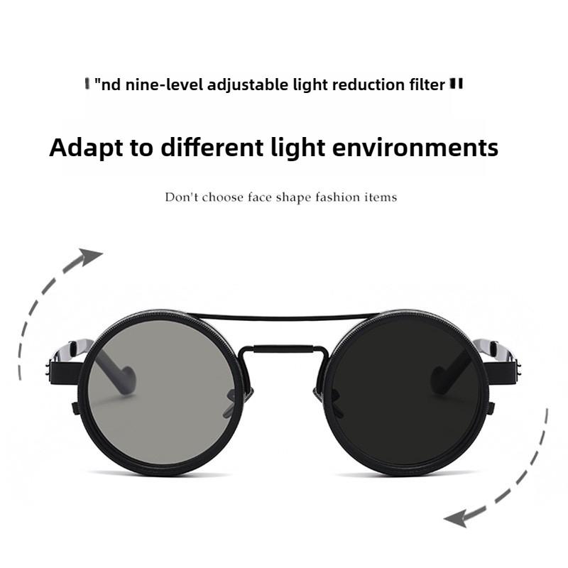 ND9 Adjustable Dimming Sun Glasses Retro Double-Bridge Punk Style Metal Eyeglasses UV-Protective Polarized Sunglasses