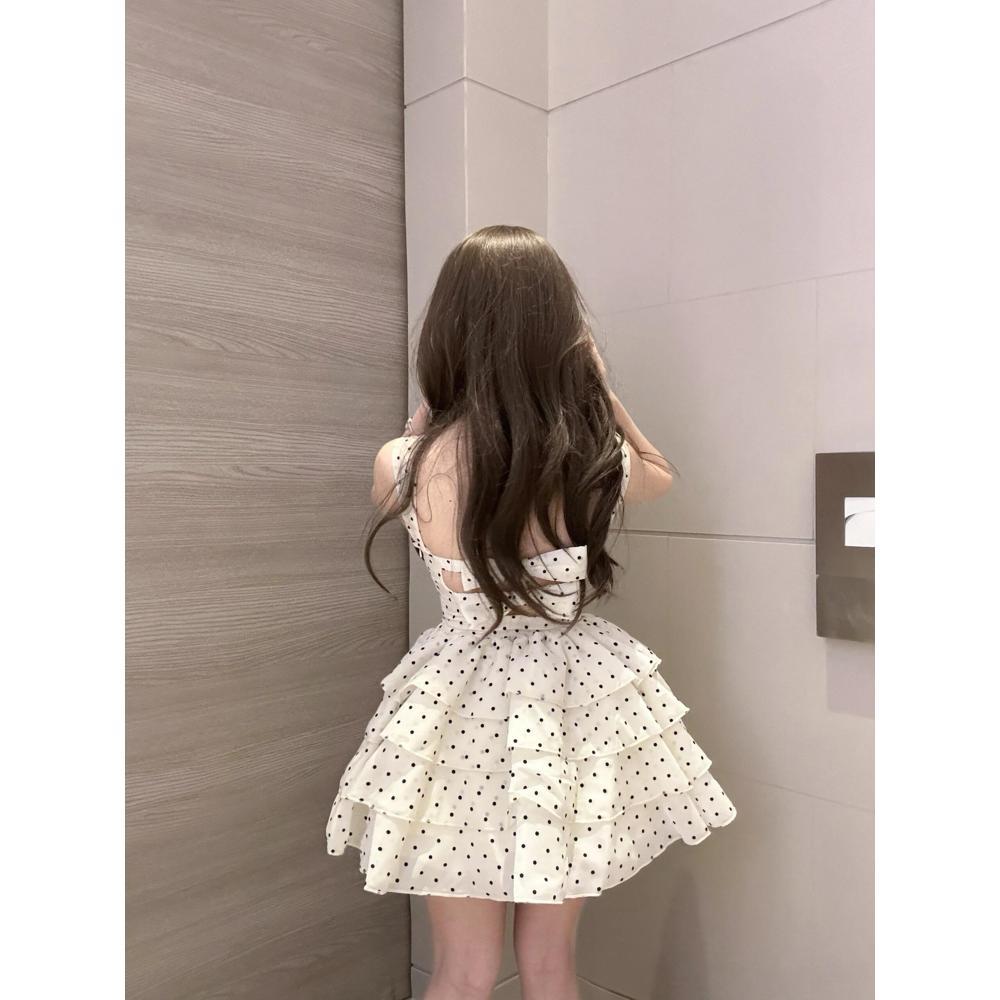 Sweet suspender short skirt women's summer new waist thin polka dot small puffy dress