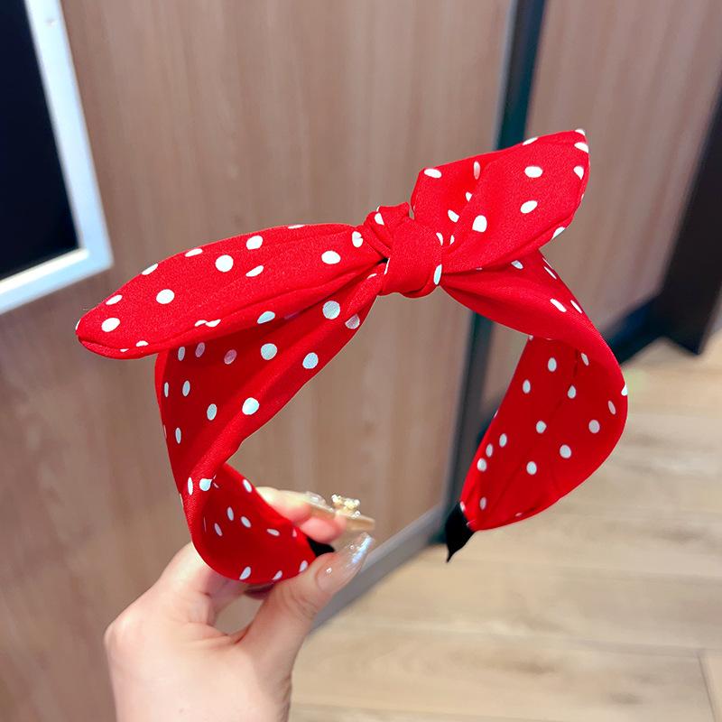 Solid Fabric Polka Dot Bow Headband for Woman Elegant Temperament Wide Headband Fashion Girl's Makeup Hairband