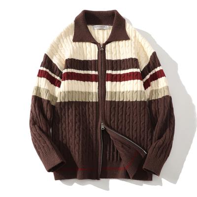 Autumn Men Vintage Striped Knitted Cardigan Men Casual Stand Collar Y2K Sweater New Korean Fashion Sweatercoats Jersey Hombre