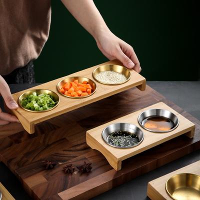 Bamboo Condiment Set 304 Stainless Steel Seasoning Dishes with Wooden Tray Spice Ketchup Dip Bowl Hot Pot Barbecue Sauce Plate