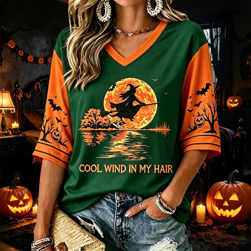 Women's Halloween Print V-Neck T-Shirt Casual Fashion Top