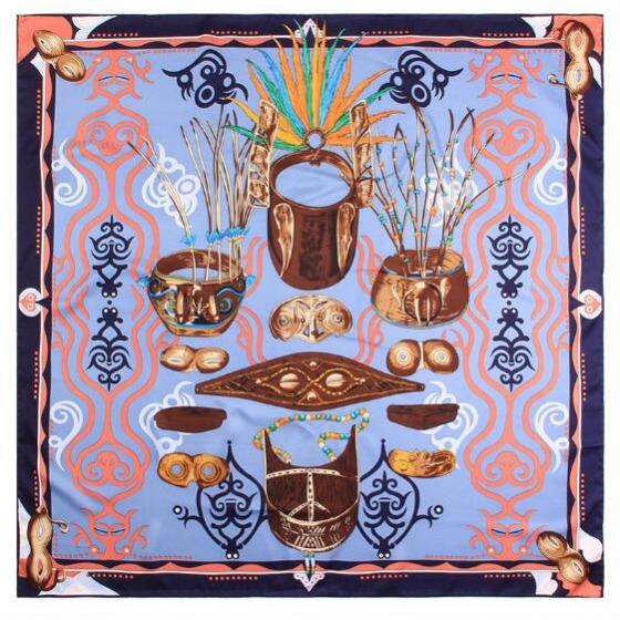 

90CM Manual Hand Rolled Twill Silk Scarf Women Indian Sacrifice Print Square Scarves Wraps Echarpe Foulards Femme Bandana Hijab 90x90cm