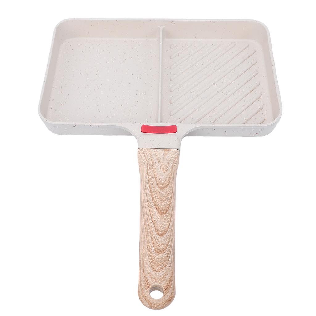 Poêle à Griller Divisée Alliage d'Aluminium Poêle à Griller Antiadhésive 2 Sections Poêle Polyvalente pour Petit-Déjeuner avec Manche en Bois