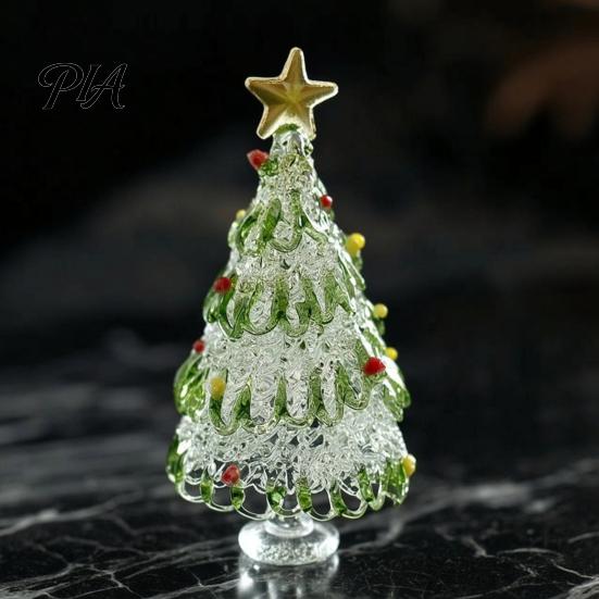 Christmas Atmosphere Decor Hand Blown Glass Tree Figurine with Golen Star, Desktop Ornament Gift Mini Xmas Ornament, Handmade Holiday Decoration