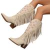 Fashion Women's Mid-Calf Embroidered Boot High Heel Western Style Autumn Spring New Large Tassel Stitched Rubber Outsole Cotton Lined