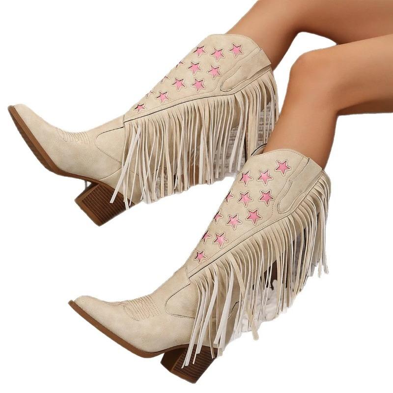 Fashion Women's Mid-Calf Embroidered Boot High Heel Western Style Autumn Spring New Large Tassel Stitched Rubber Outsole Cotton Lined