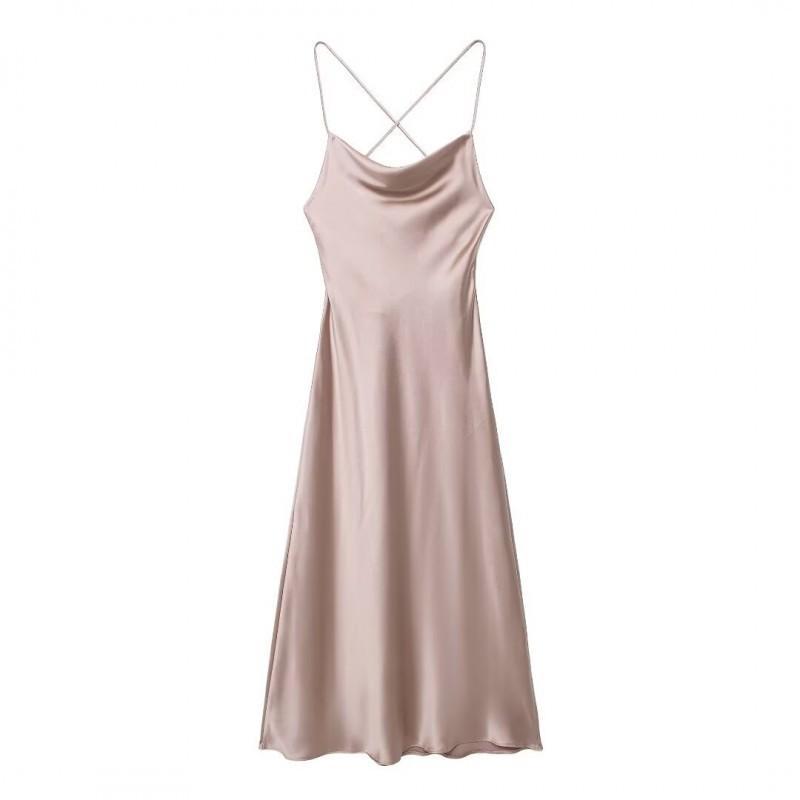European American Women s Clothing Summer Sexy Backless Pleated Silk Satin Suspender Dress XS