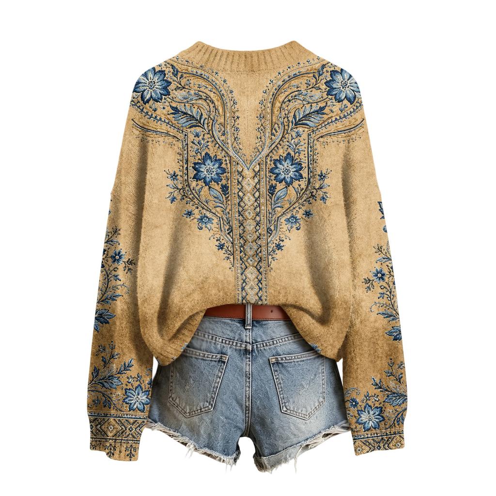 Women's Long Sleeve Crewneck Sweater, Soft Printed Pullover for Fall Winter