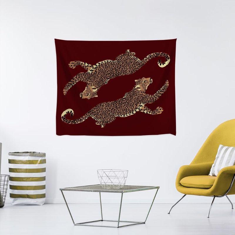 Weinrot doppeltes Leoparden-Gobelin, Wandbehang im leichten Luxusstil, Retro-Tier-Wanddekoration für Schlafzimmer Wohnzimmer