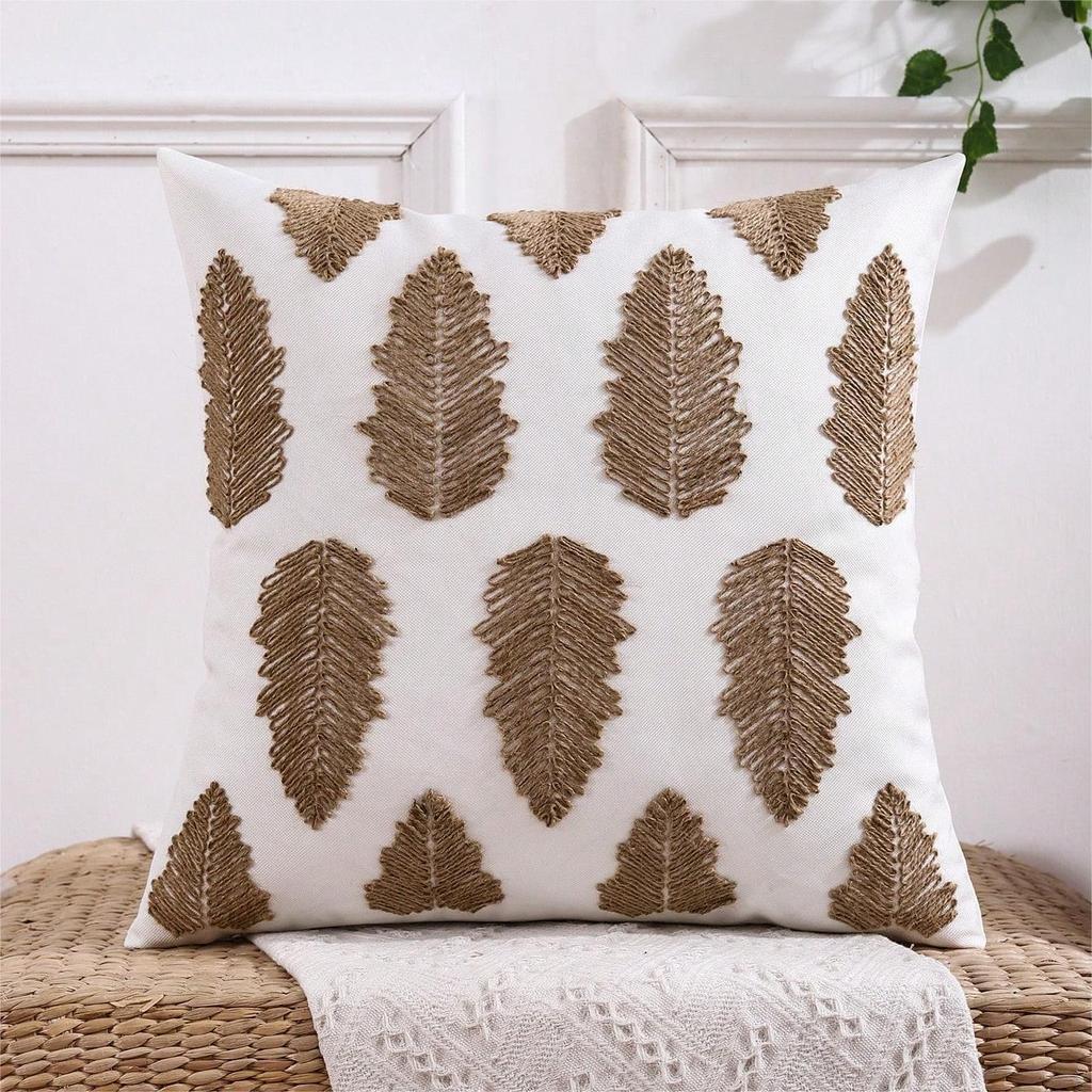 Pillowcase Linen Letters Leaf Embroidery Sofa Cushion Cover