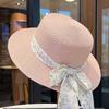 2025 summer floral lace-up flat-top straw hat children's large brim seaside vacation sunshade sun hat