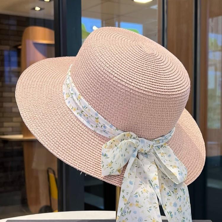 2025 Summer Floral Lace-up Flat-top Straw Hat Children's Large Brim Seaside Vacation Sunshade Sun Hat