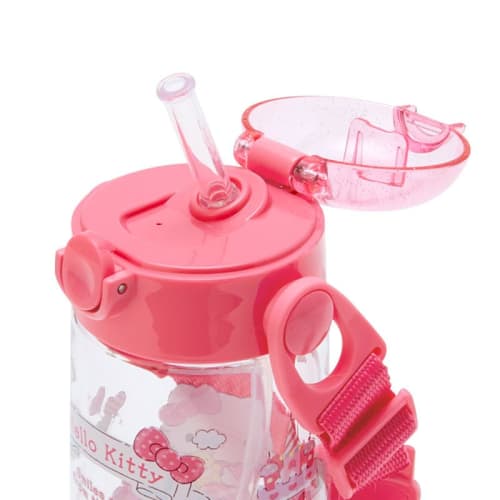 Sanrio Children's Water Bottle with Straw, 480ml, Direct Drinking, One-Touch, Lightweight, Plastic, Hello Kitty Design, with Shoulder Strap and Name S