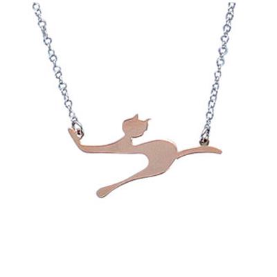 [Q9379] - Handmade Silver Necklace 'Round Back Cat' Silver Pink - 30x15 Mm