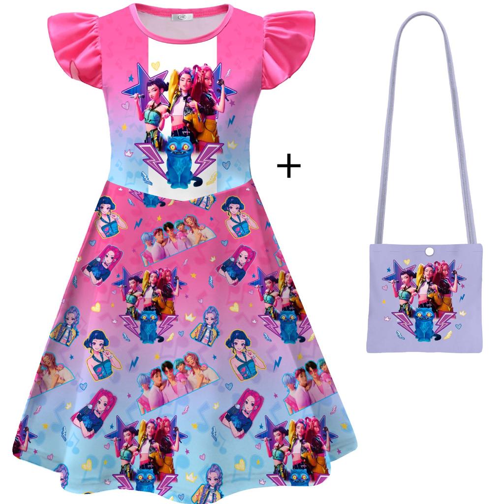 Hexe Jagd Mädchengruppe Kinder Cosplay Flatterärmel Milchseide Kleid mit Tasche
