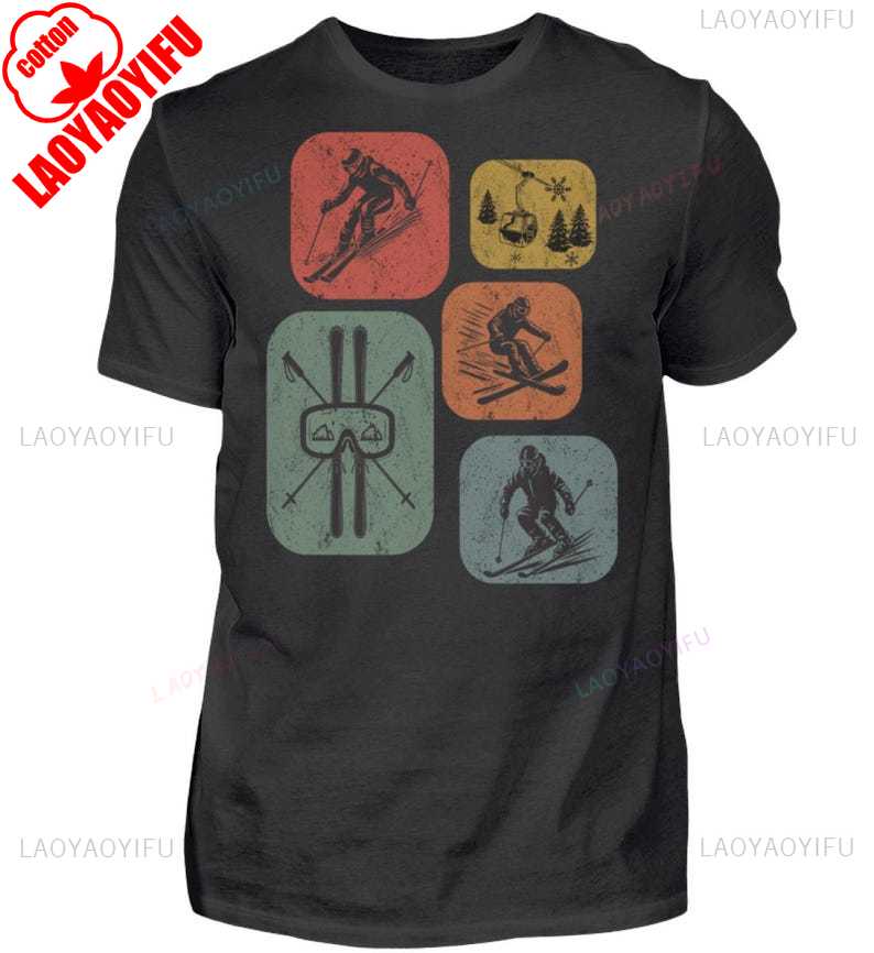 Ski Retro Style Unisexs Shirt Gift for Ski Fans Casual Style Tops Oneck Ropa Hombre Regular Short Sleeve High Quality Cotton TEE