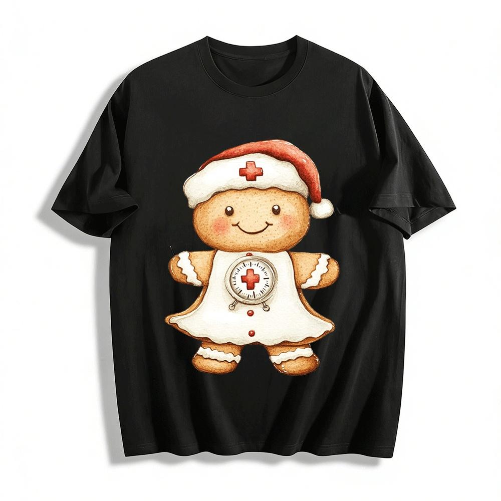 Christmas Nurse Gingerbread Man Print Casual Top Pure cotton T-shirt XXS