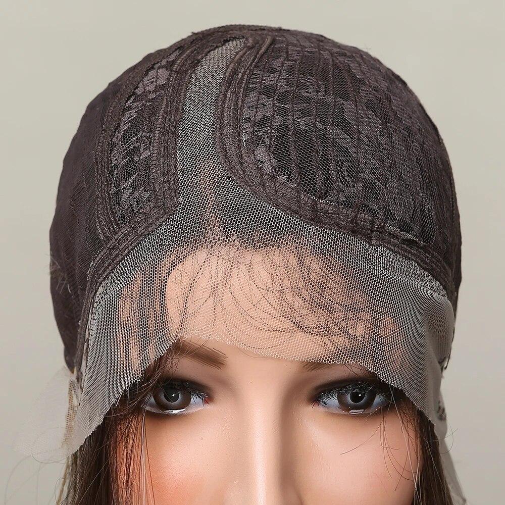 Shoulder Length Straight Lace Wigs Brown Dark Roots Silky Party Synthetic Hair Natural Soft Daily Wigs for Women Heat Resistant