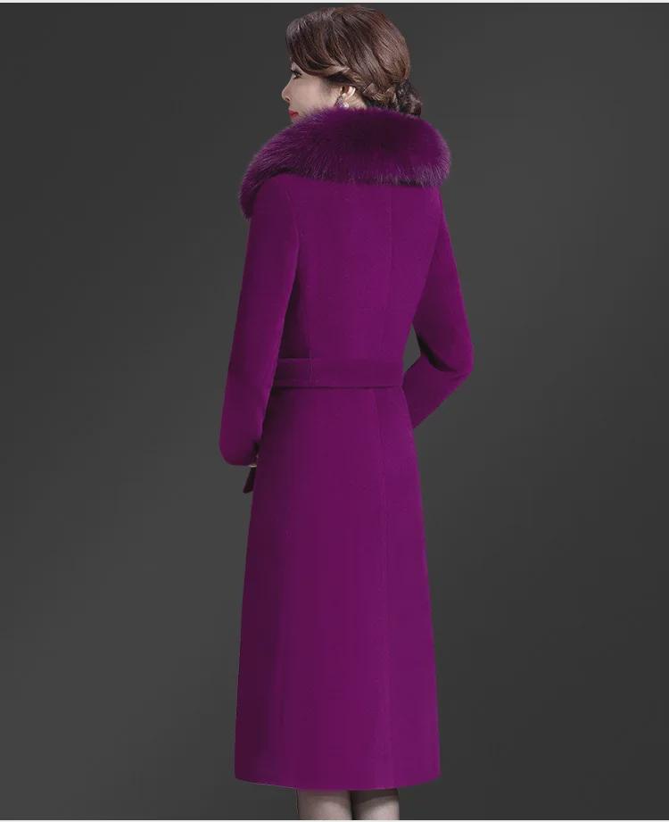 Palton mare de lână, cu croiala dublu, pentru femei - lungime medie, până la genunchi, guler de lână, design high-end