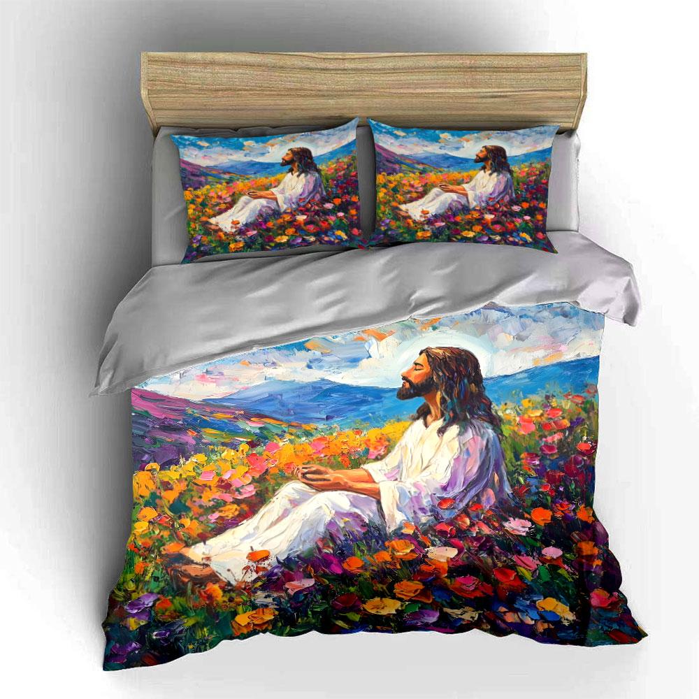 Person meditating in colorful flower field Print Bedding Set 1 Duvet Cover 2 Pillowcases for Adult and Children Luxury Gift