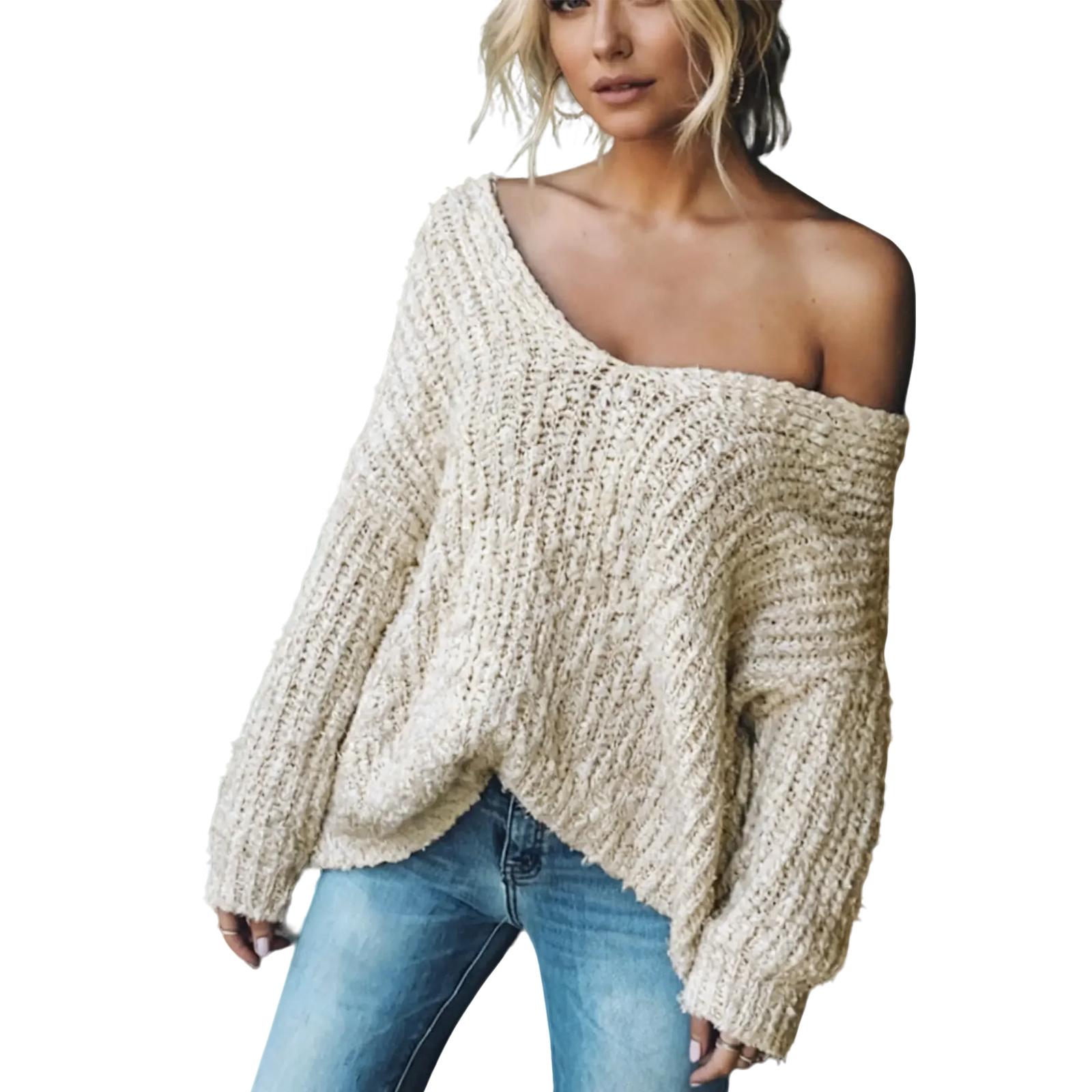 

Ladies Fashionable V-neck Slim Fit Long Sleeved Knitted Top XL бежевий