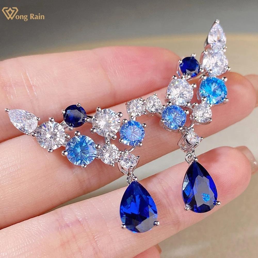 

Wong Rain, 100% стерлинговое серебро 925 пробы, грушевидная огранка AAAAA, цирконы, драгоценный камень, подарок на годовщину, серьги-капли, изысканные ювелирные изделия для женщин синий