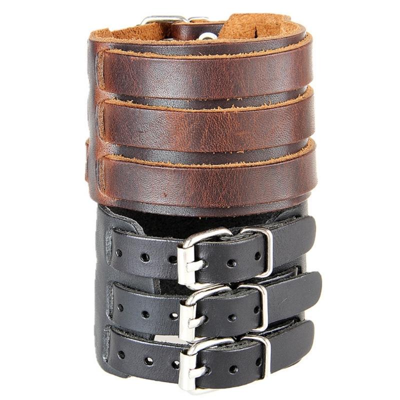 Punk Styles Adjustable Leather Cuff Bracelet For Men Sturdy Wide Wristband Fashion Accessory
