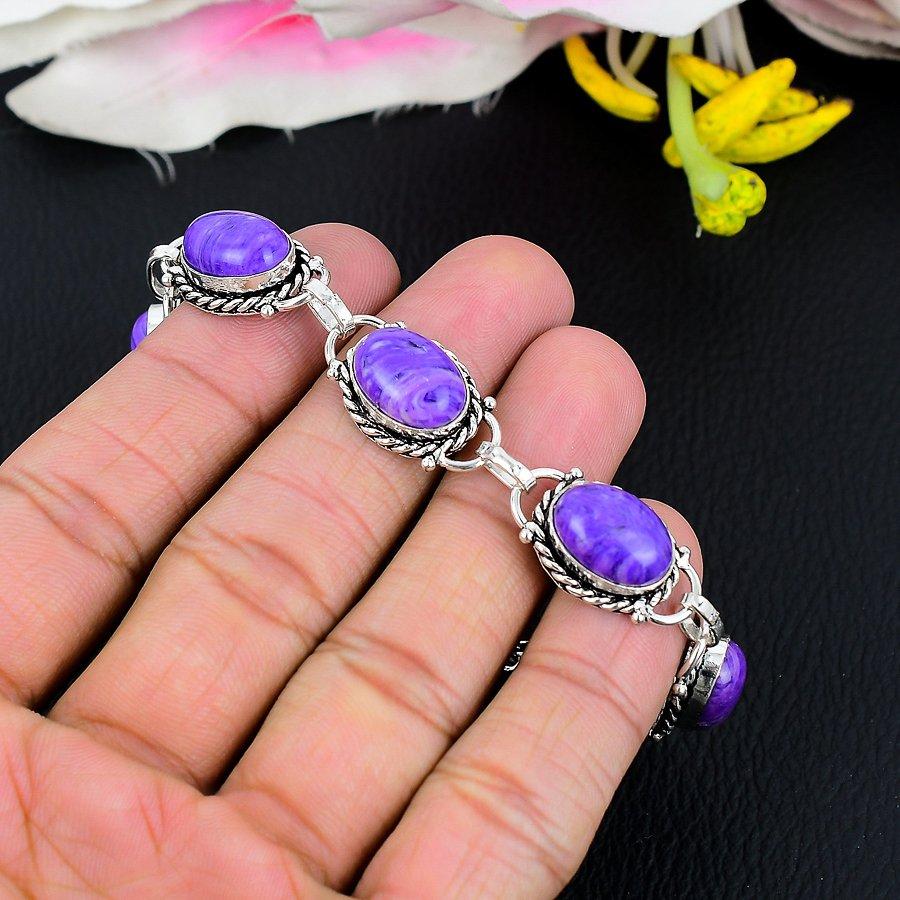 Charoite Gemstone Handmade 925 Sterling Silver Bracelet 7-8" KG-208
