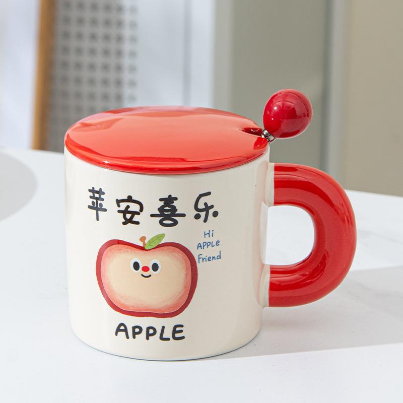 Cartoon fruit ceramic mug, high-value coffee cup with lid spoon, blessing text, gift water cup for girls