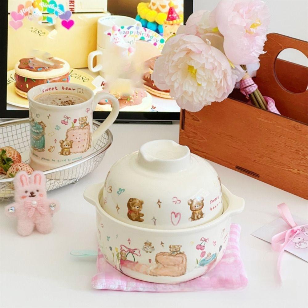 Cute Ceramic Little Bear Biscuits Mug Hand Drawn Cream Style Coffee Cup Instant Noodles Bowl Office