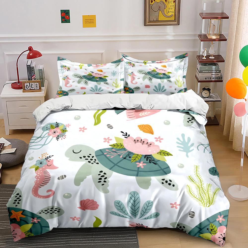 Marine Animals with Floral Decorations Bedding Set for Kids Luxury Gift 3pcs Digital Print Comforter Set Soft Comfortable