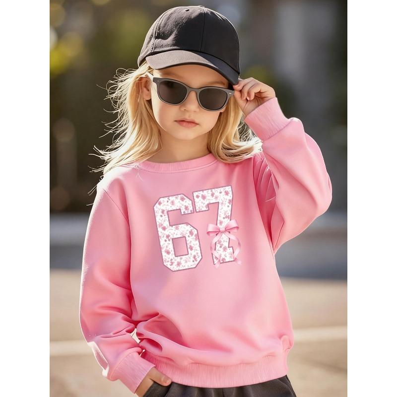Kids Unisex Cream Crewneck Sweatshirt, Pink Floral 67 Number with Bow Print Long Sleeve Pullover, Casual Sweatshirt for Boys Girls Over 4 Years Old