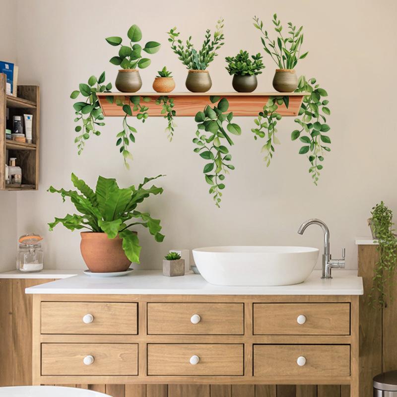 3D Green Plants Wall Stickers Potted Hanging Baskets Vinyl Mural Art Decals for Kitchen Study Living Room Decoration