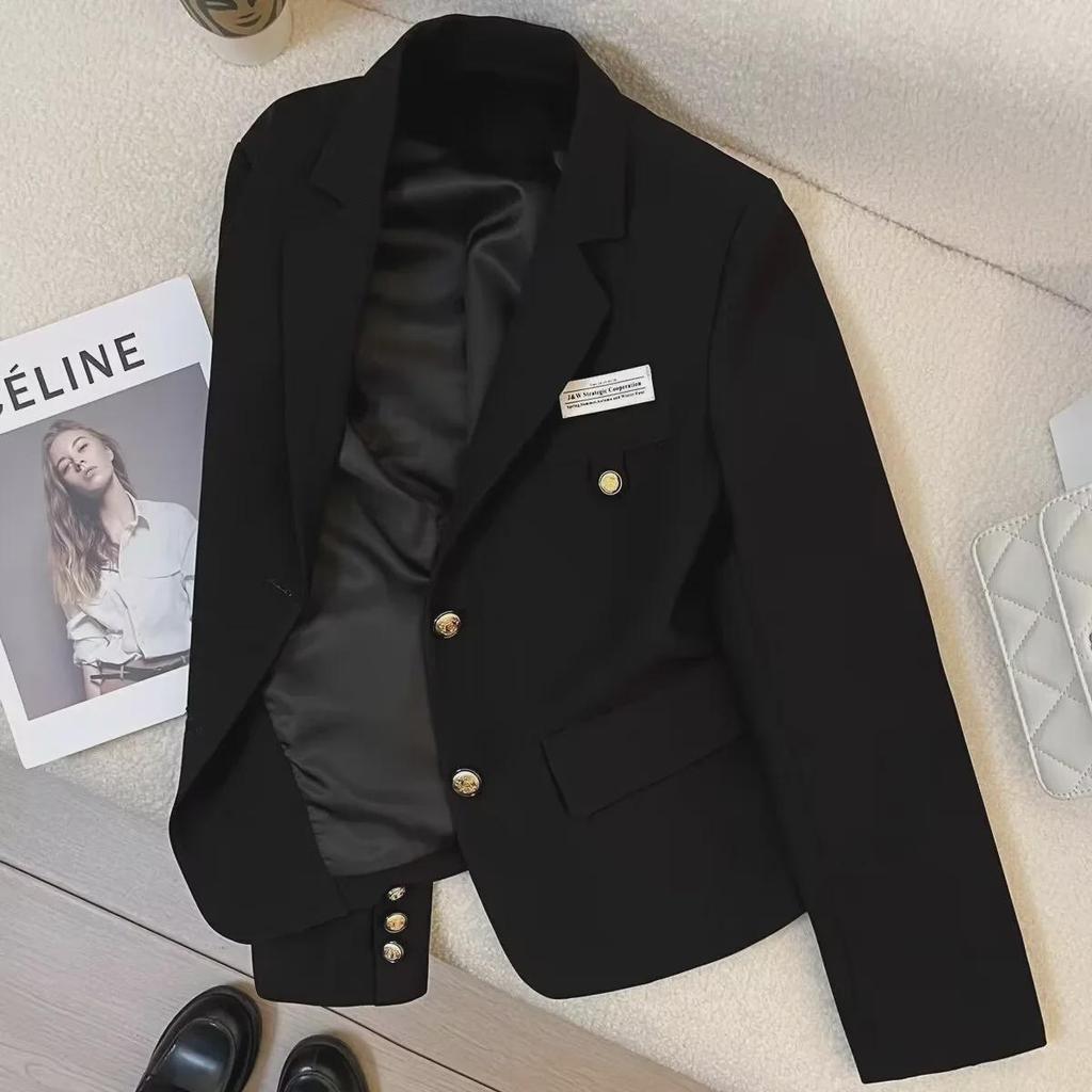 Women's Black Short Suit Jacket, Small Size - 2024 Autumn New College Style, Casual Streetwear