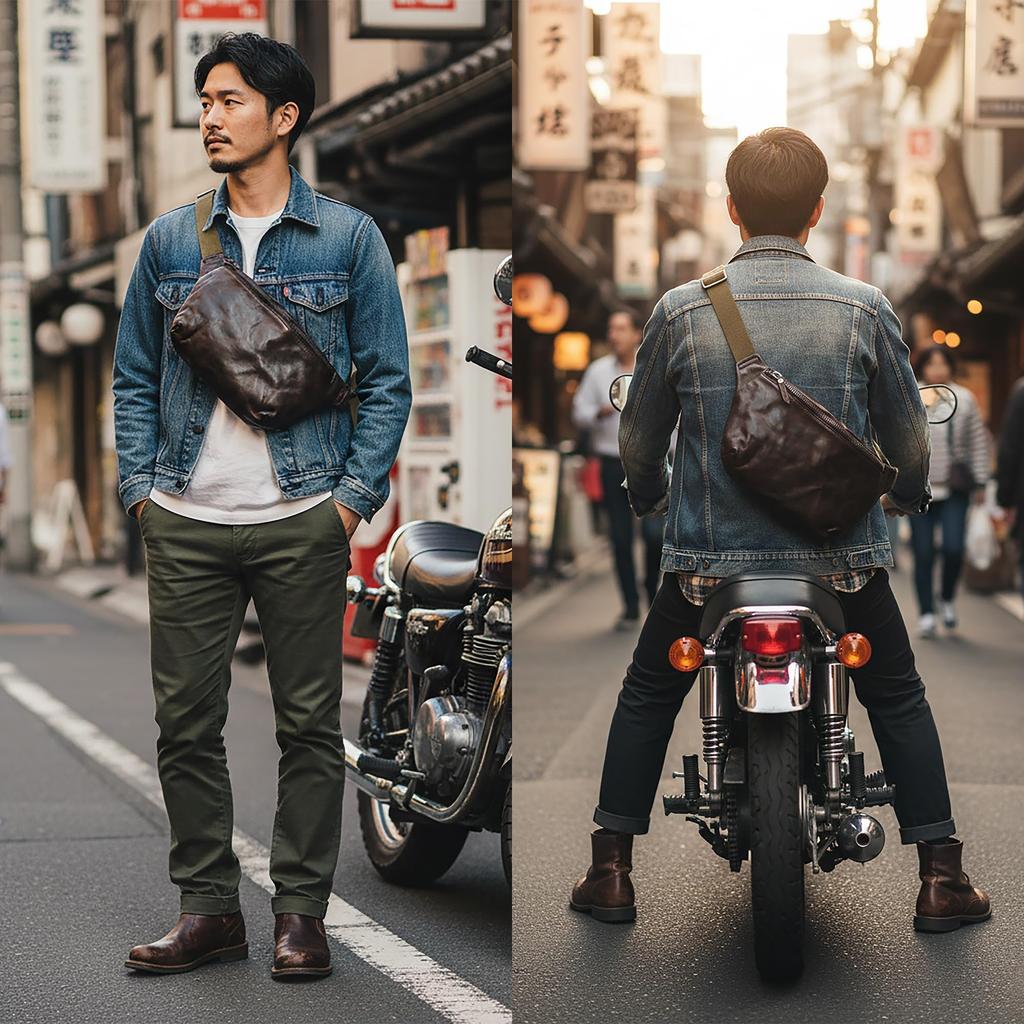 IJUN Men's Vintage Body Bag - Handmade Vegetable-Tanned Leather, Size Small