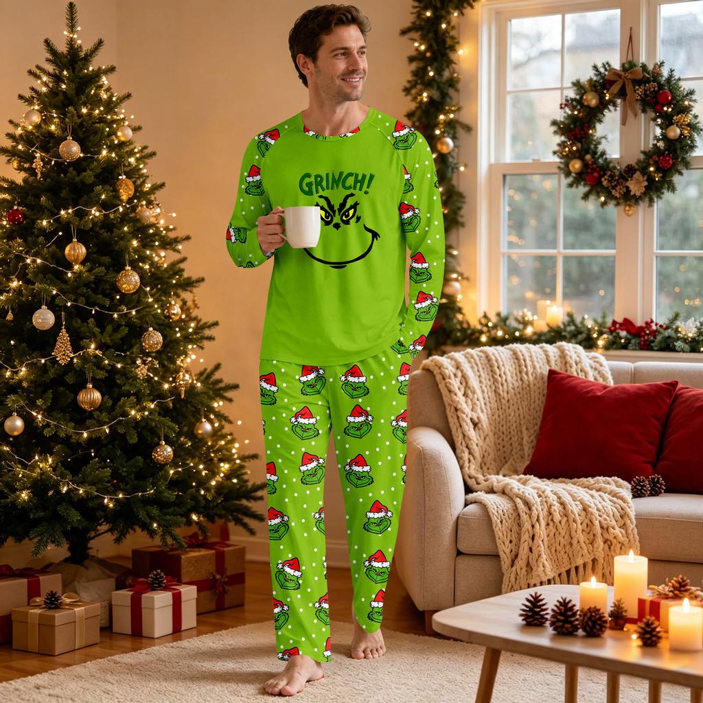 Men's Casual Neck Long Sleeve Top and Pants Pajama Set Comfortable Sleepwear