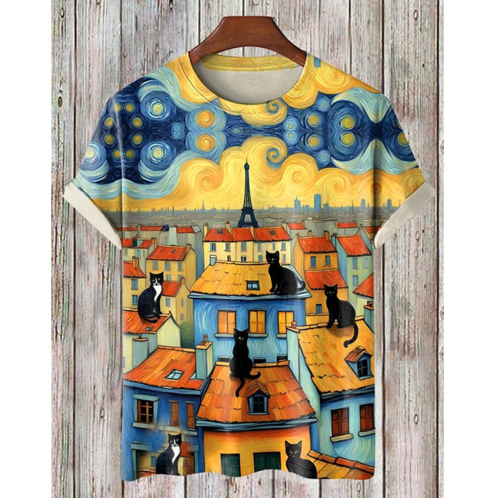 

Summer Round Neck Animal Cat Graphic 3D Print Top Fashionable Casual Short Sleeved Men s T-shirts 6XL