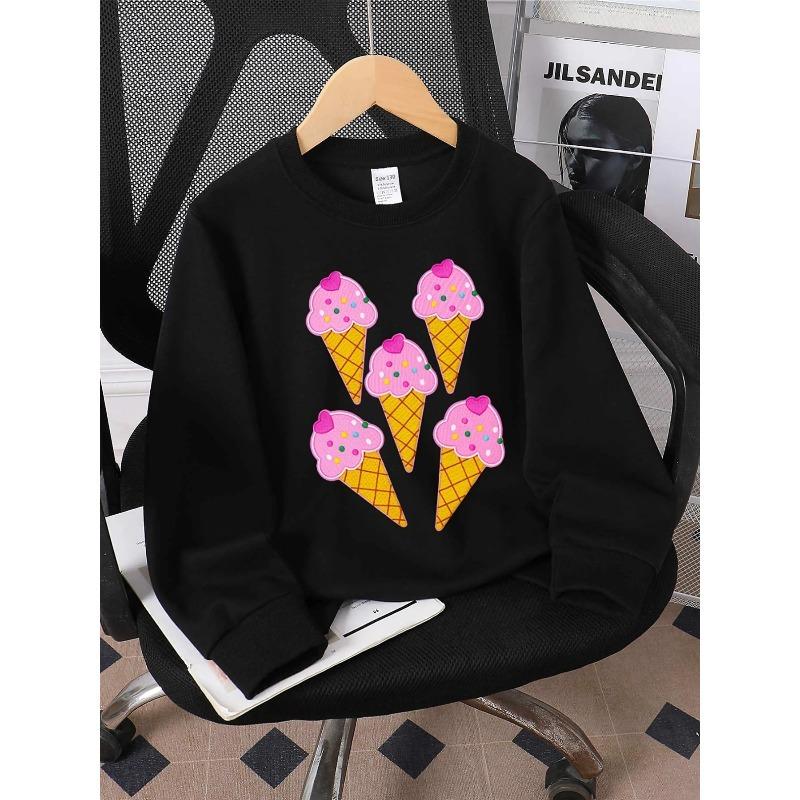 European Sizes Kids' Crewneck Sweatshirt - Pink Ice Cream Cone with Heart And , Sportswear And Casual Wear, Soft And Comfortable, Clothing
