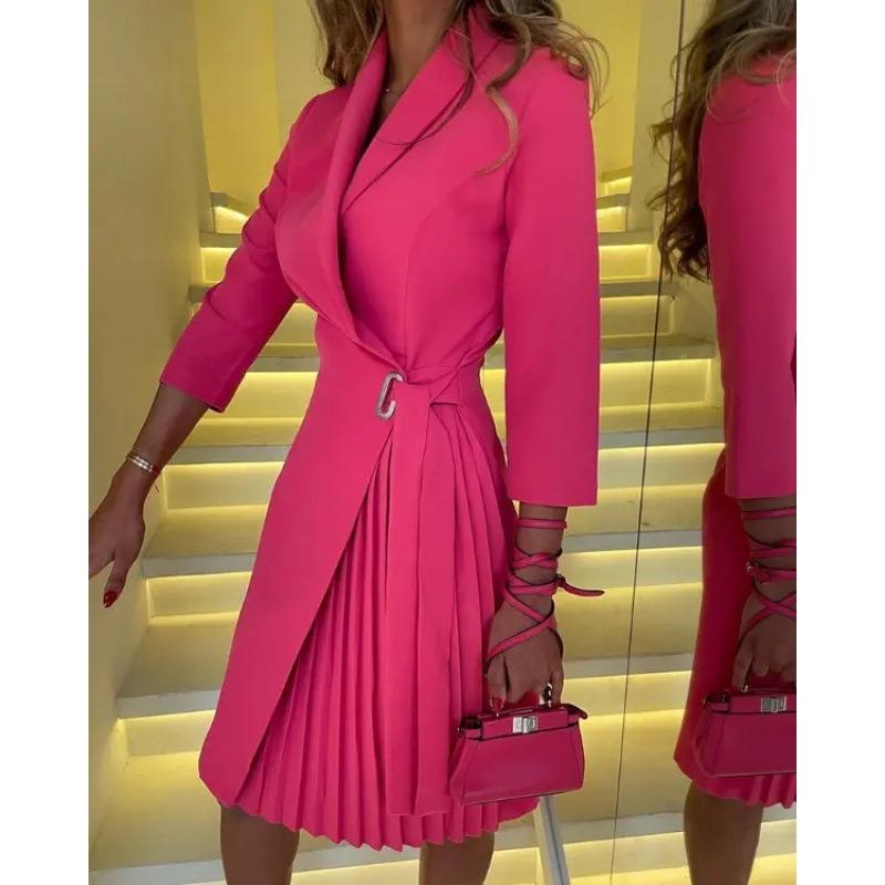 IHUASU Women's Fashion Summer Spring Solid Color Print 2/1 Sleeve POLO-Neck Casual Dresses