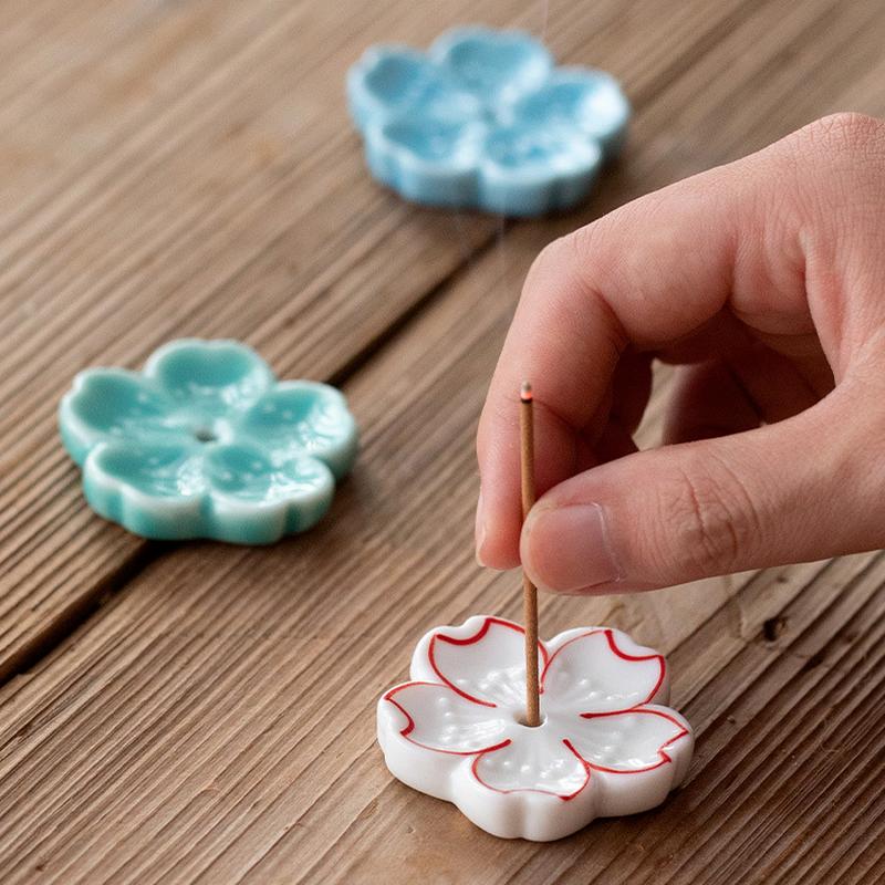 Cherry Blossom Incense Burner Home Ceramic Decor Incense Stick Holder Aromatherapy Censer Office Teahouse Ornament